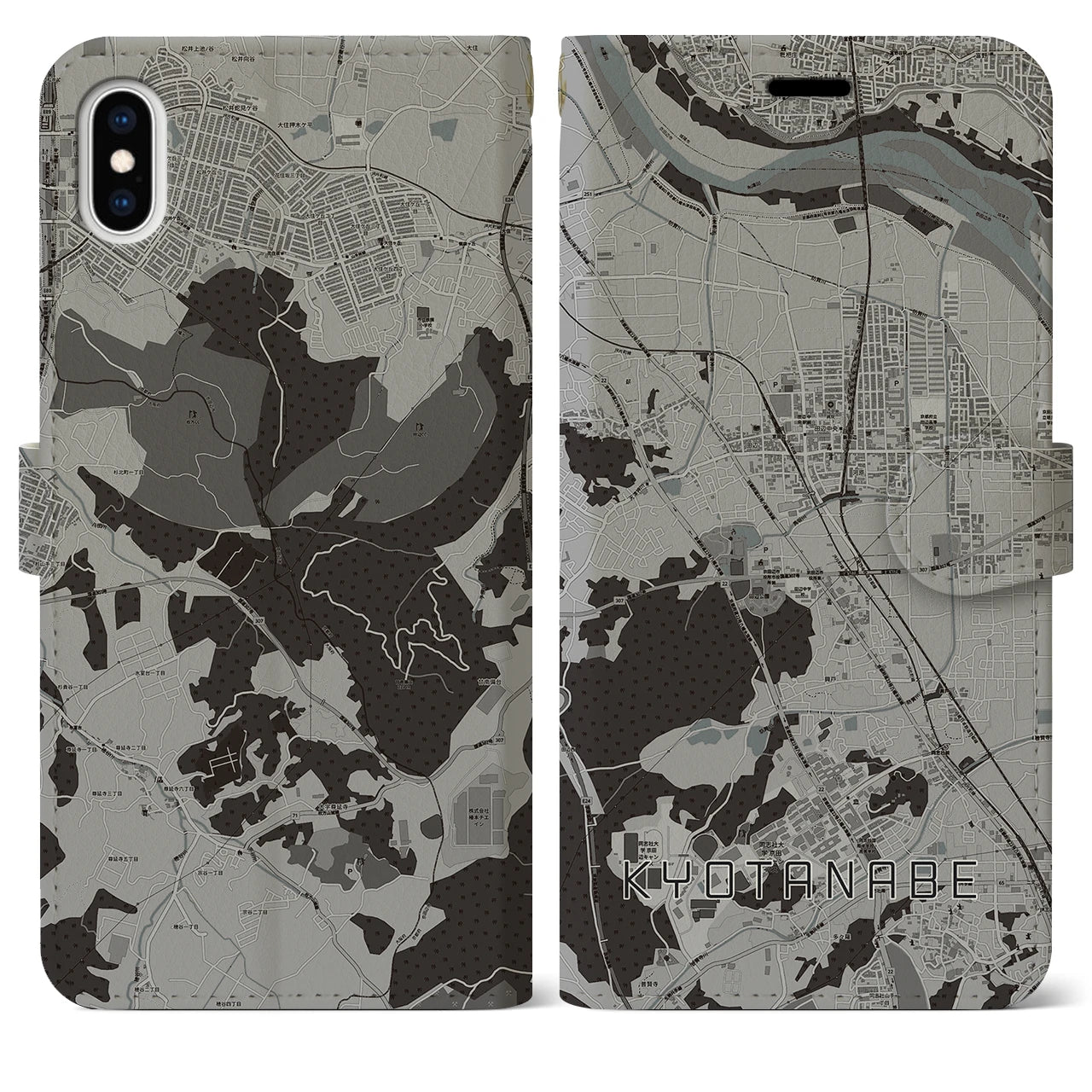 【京田辺(京都府)】地図柄iPhoneケース(手帳タイプ)モノトーン・iPhone XS Max 用
