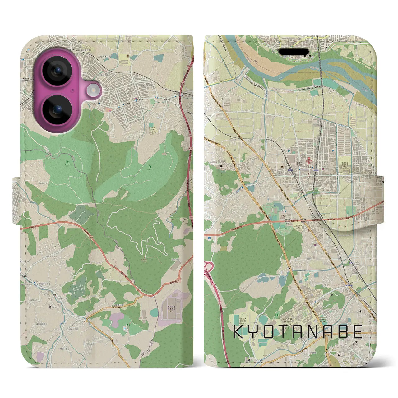 【京田辺(京都府)】地図柄iPhoneケース(手帳タイプ)ナチュラル・iPhone 16 Pro 用