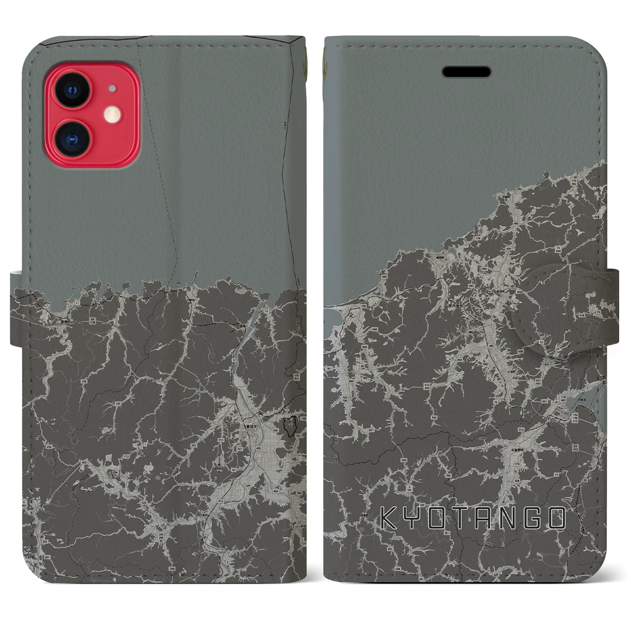 【京丹後(京都府)】地図柄iPhoneケース(手帳タイプ)モノトーン・iPhone 11 用