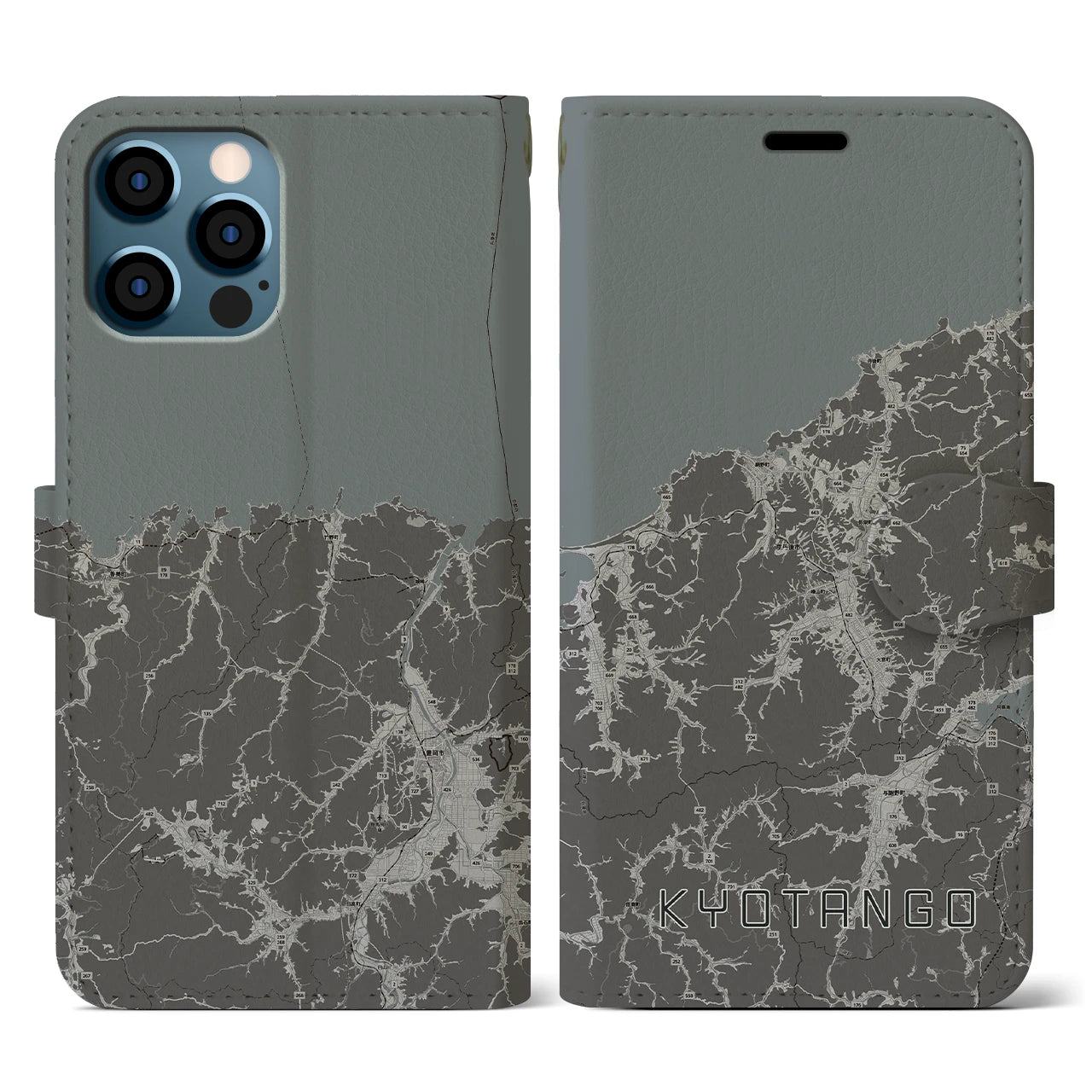 【京丹後(京都府)】地図柄iPhoneケース(手帳タイプ)モノトーン・iPhone 12 / 12 Pro 用