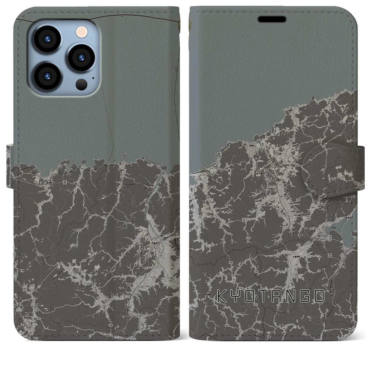 【京丹後(京都府)】地図柄iPhoneケース(手帳タイプ)モノトーン・iPhone 13 Pro Max 用