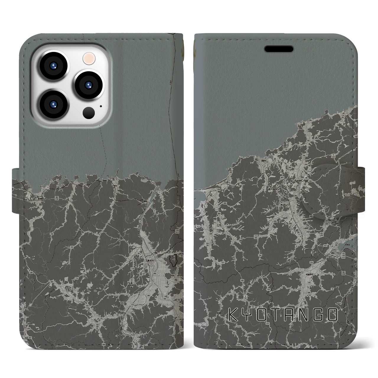 【京丹後(京都府)】地図柄iPhoneケース(手帳タイプ)モノトーン・iPhone 13 Pro 用