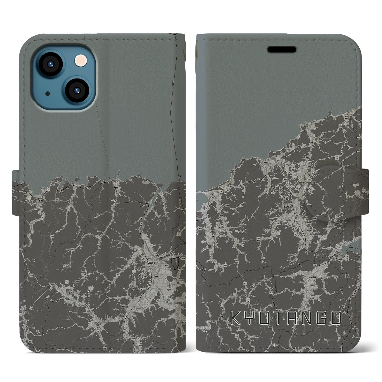 【京丹後(京都府)】地図柄iPhoneケース(手帳タイプ)モノトーン・iPhone 13 用