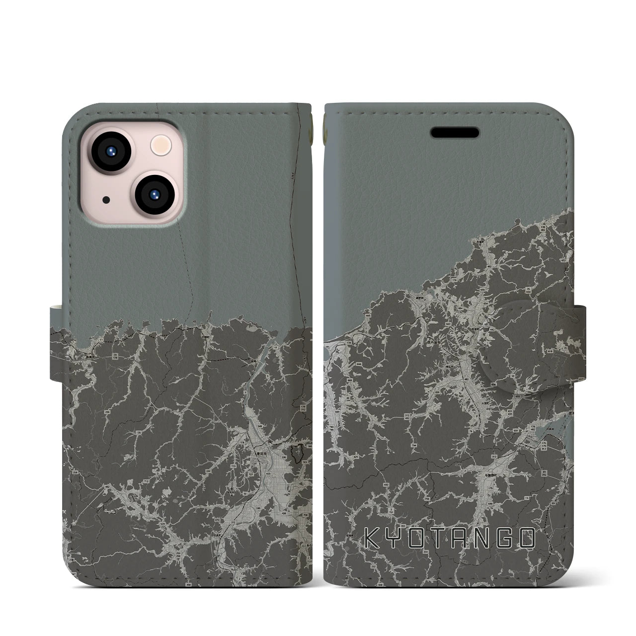 【京丹後(京都府)】地図柄iPhoneケース(手帳タイプ)モノトーン・iPhone 13 mini 用