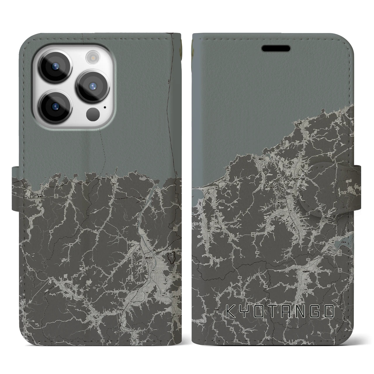 【京丹後(京都府)】地図柄iPhoneケース(手帳タイプ)モノトーン・iPhone 14 Pro 用