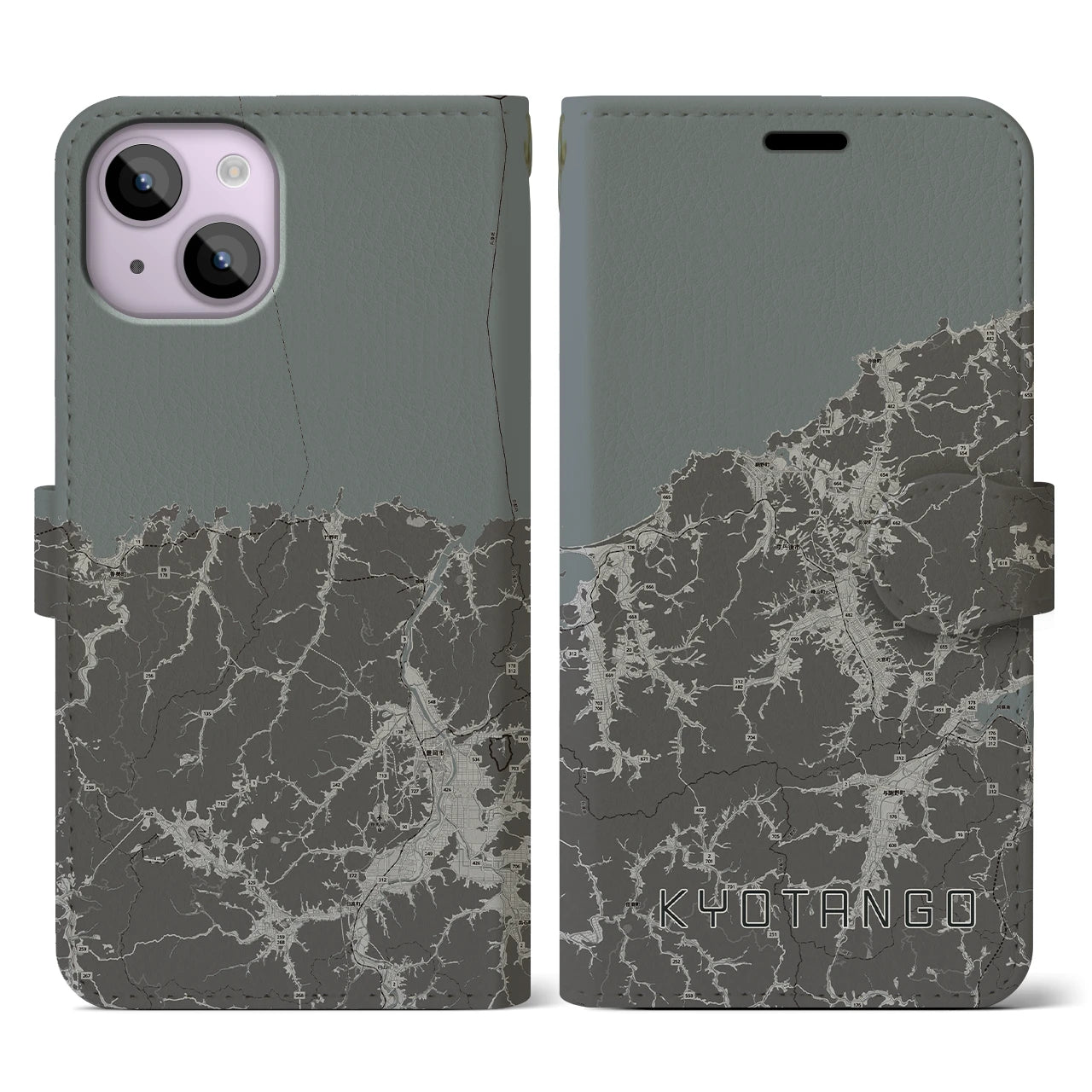 【京丹後(京都府)】地図柄iPhoneケース(手帳タイプ)モノトーン・iPhone 14 用