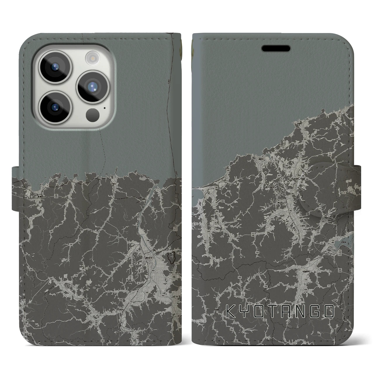 【京丹後(京都府)】地図柄iPhoneケース(手帳タイプ)モノトーン・iPhone 15 Pro 用