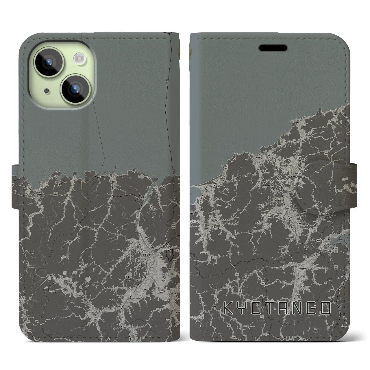 【京丹後(京都府)】地図柄iPhoneケース(手帳タイプ)モノトーン・iPhone 15 用