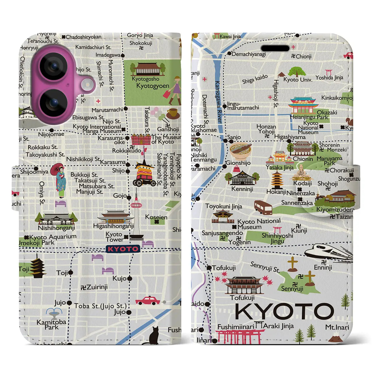 【京都(イラスト)】イラストマップiPhoneケース(手帳タイプ)白すみれ・iPhone 16 Pro 用