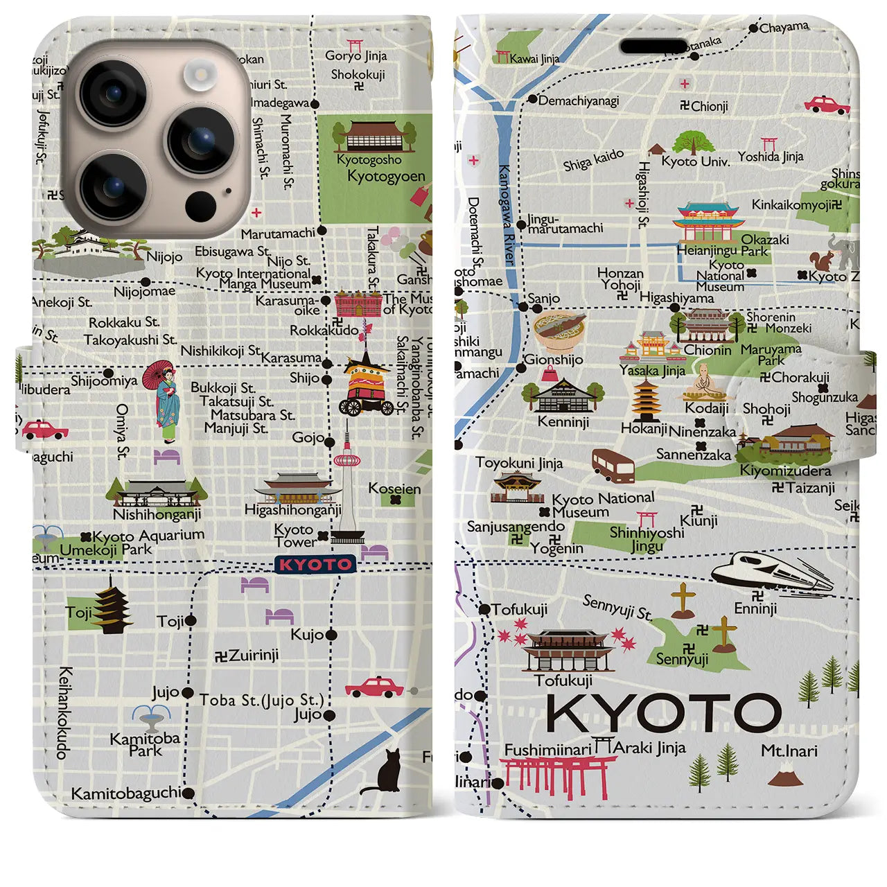【京都(イラスト)】イラストマップiPhoneケース(手帳タイプ)白すみれ・iPhone 16 Plus 用