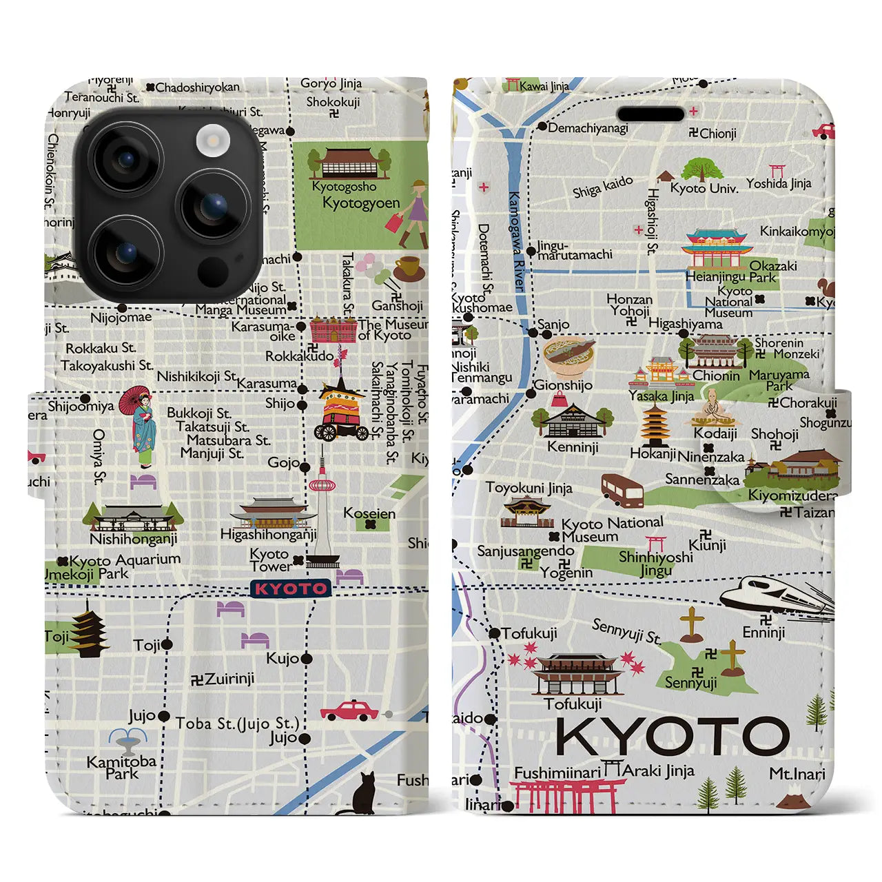 【京都(イラスト)】イラストマップiPhoneケース(手帳タイプ)白すみれ・iPhone 16 用