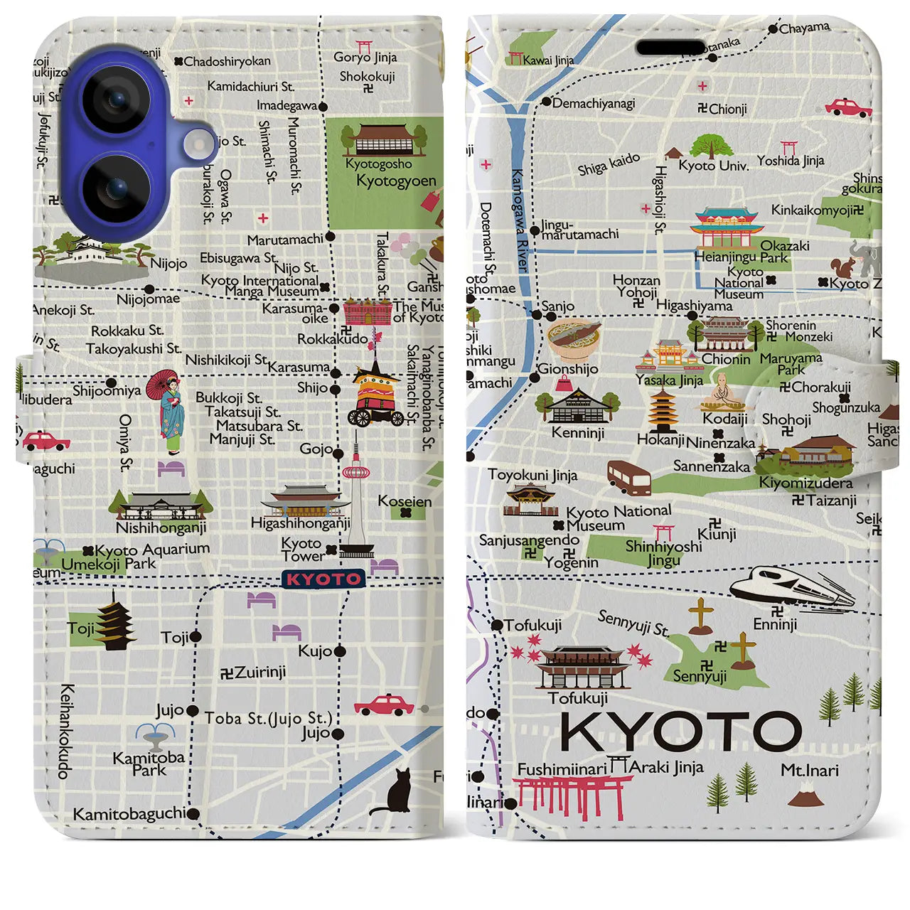 【京都(イラスト)】イラストマップiPhoneケース(手帳タイプ)白すみれ・iPhone 16 Pro Max 用