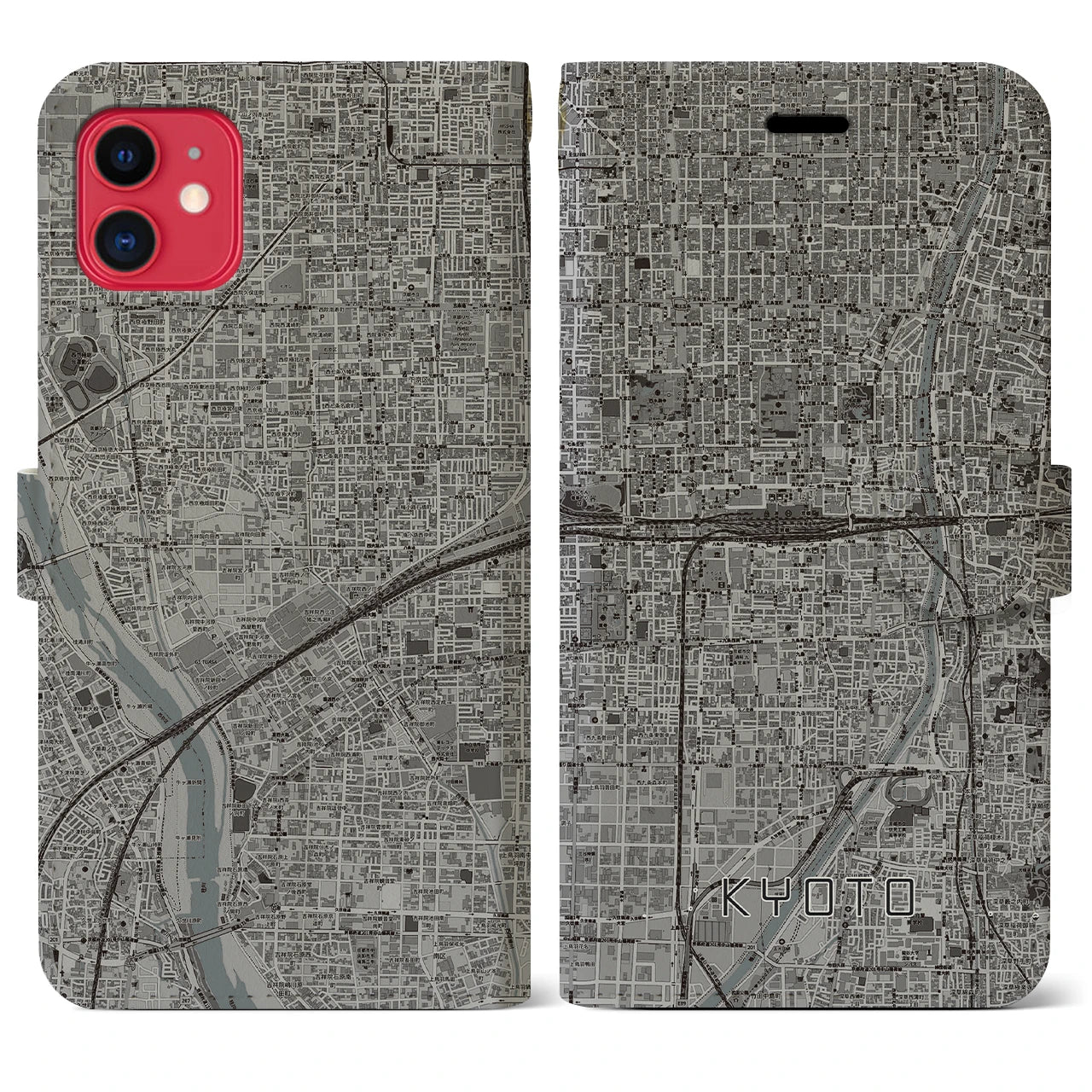 【京都2(京都府)】地図柄iPhoneケース(手帳タイプ)モノトーン・iPhone 11 用