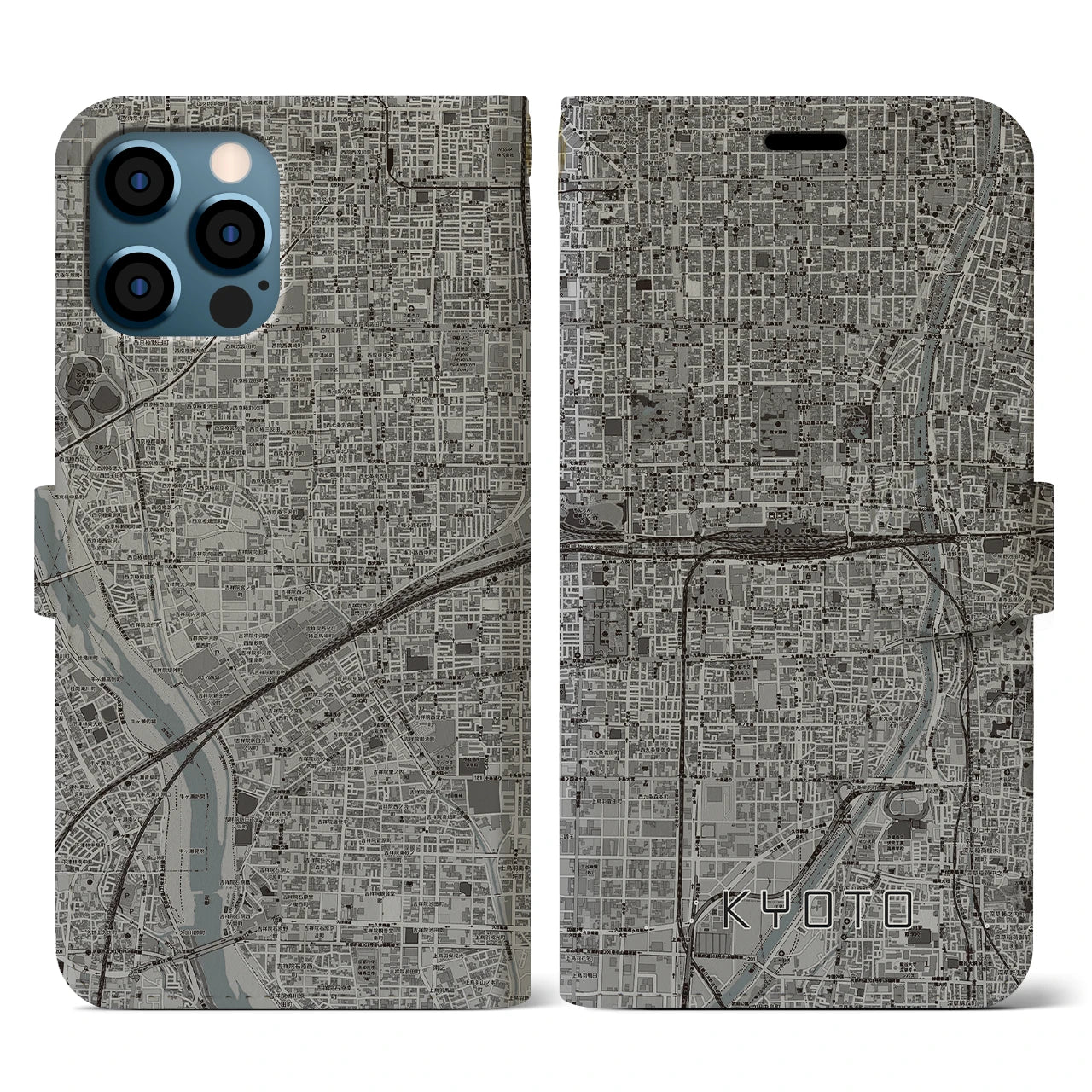 【京都2(京都府)】地図柄iPhoneケース(手帳タイプ)モノトーン・iPhone 12 / 12 Pro 用