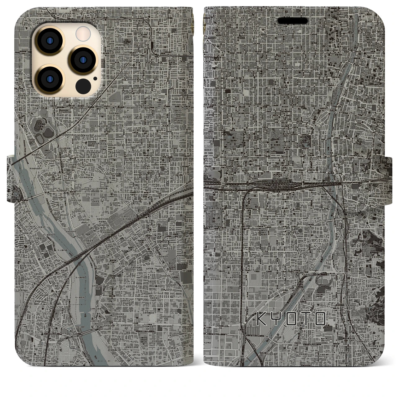 【京都2(京都府)】地図柄iPhoneケース(手帳タイプ)モノトーン・iPhone 12 Pro Max 用