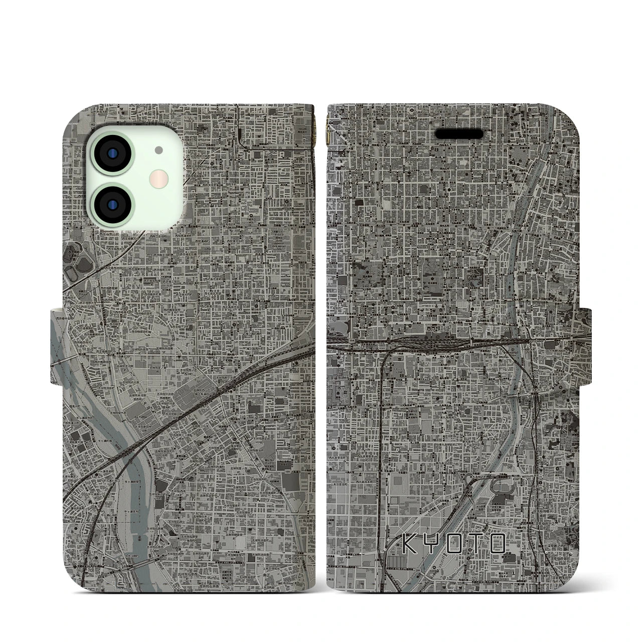 【京都2(京都府)】地図柄iPhoneケース(手帳タイプ)モノトーン・iPhone 12 mini 用