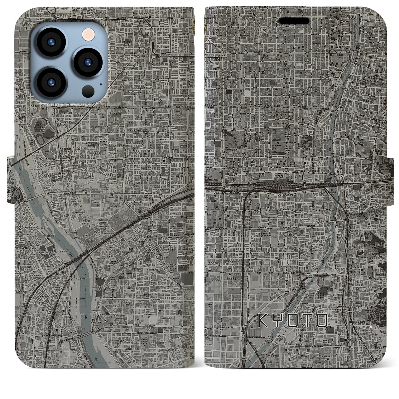 【京都2(京都府)】地図柄iPhoneケース(手帳タイプ)モノトーン・iPhone 13 Pro Max 用