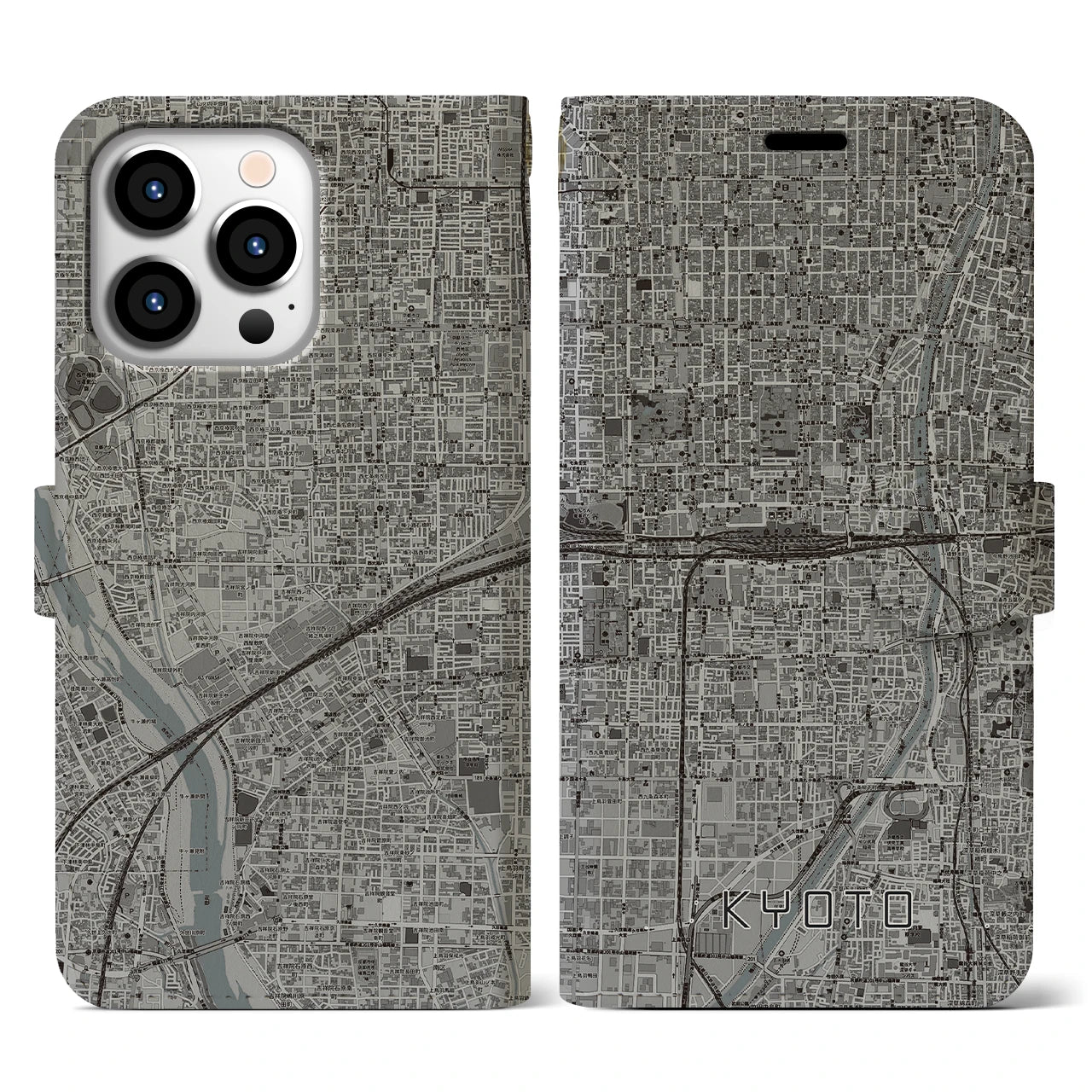 【京都2(京都府)】地図柄iPhoneケース(手帳タイプ)モノトーン・iPhone 13 Pro 用