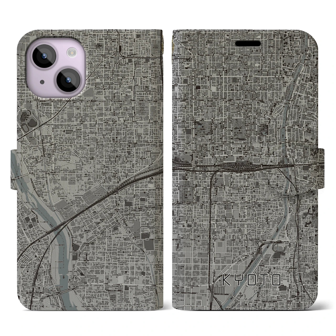 【京都2(京都府)】地図柄iPhoneケース(手帳タイプ)モノトーン・iPhone 14 用