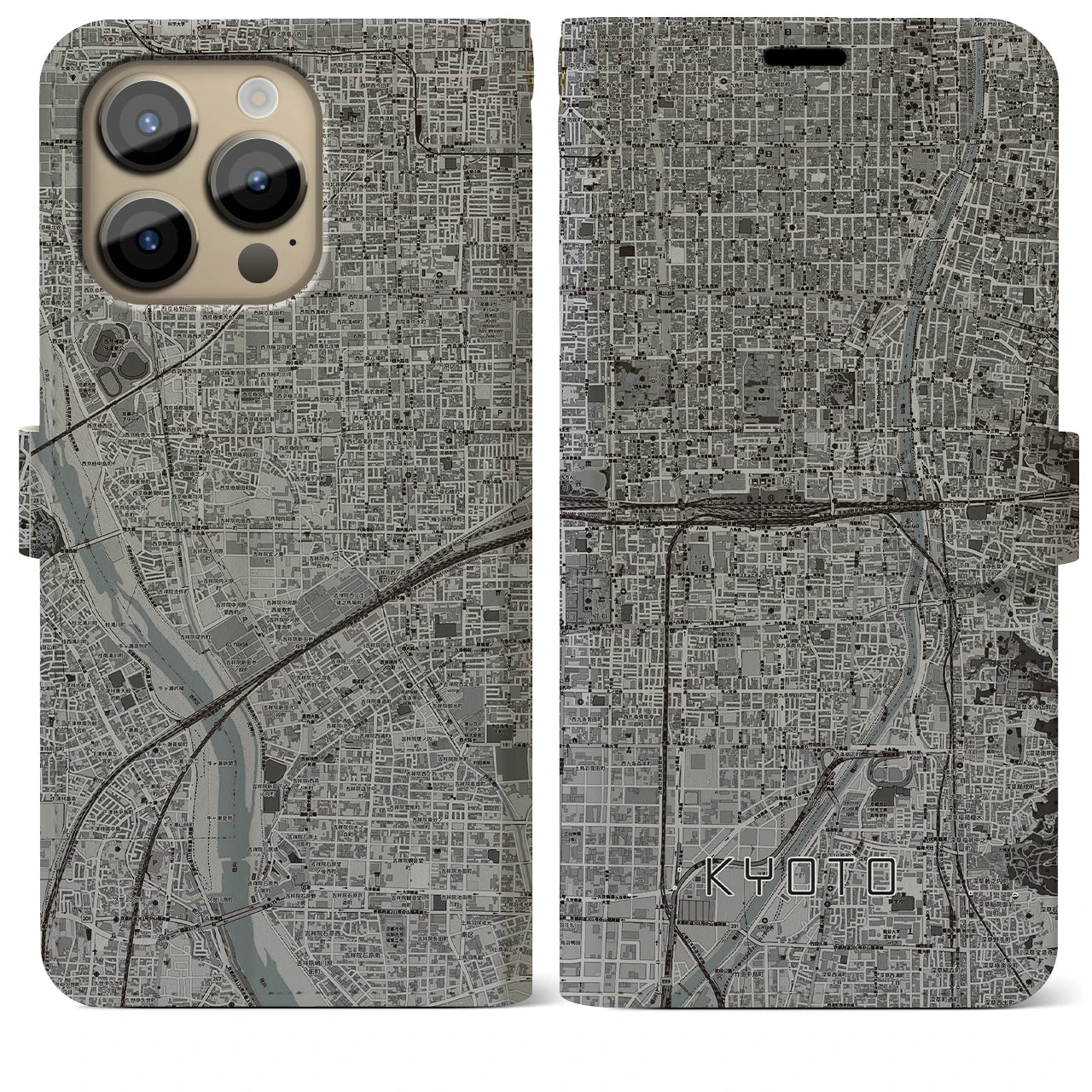 【京都2(京都府)】地図柄iPhoneケース(手帳タイプ)モノトーン・iPhone 14 Pro Max 用