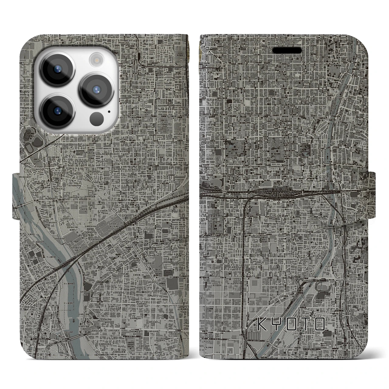 【京都2(京都府)】地図柄iPhoneケース(手帳タイプ)モノトーン・iPhone 14 Pro 用