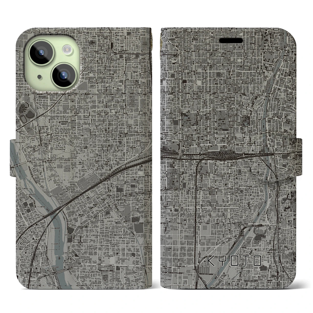 【京都2(京都府)】地図柄iPhoneケース(手帳タイプ)モノトーン・iPhone 15 用
