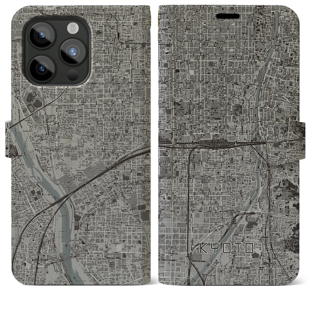 【京都2(京都府)】地図柄iPhoneケース(手帳タイプ)モノトーン・iPhone 15 Pro Max 用