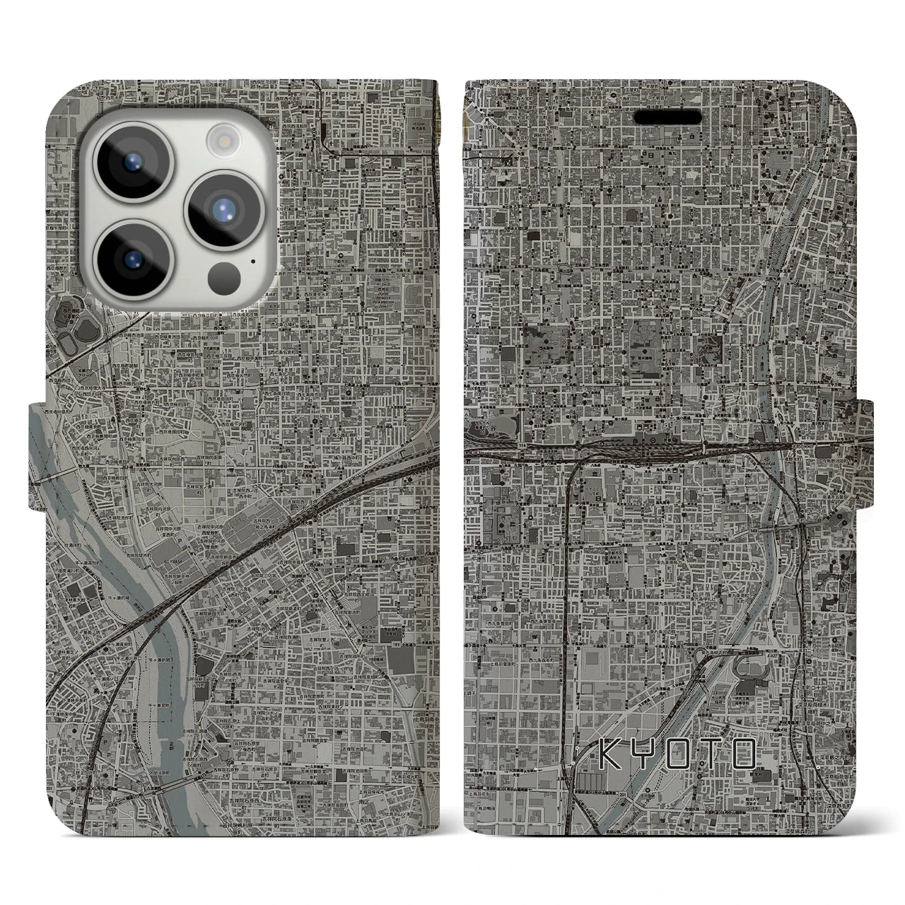 【京都2(京都府)】地図柄iPhoneケース(手帳タイプ)モノトーン・iPhone 15 Pro 用