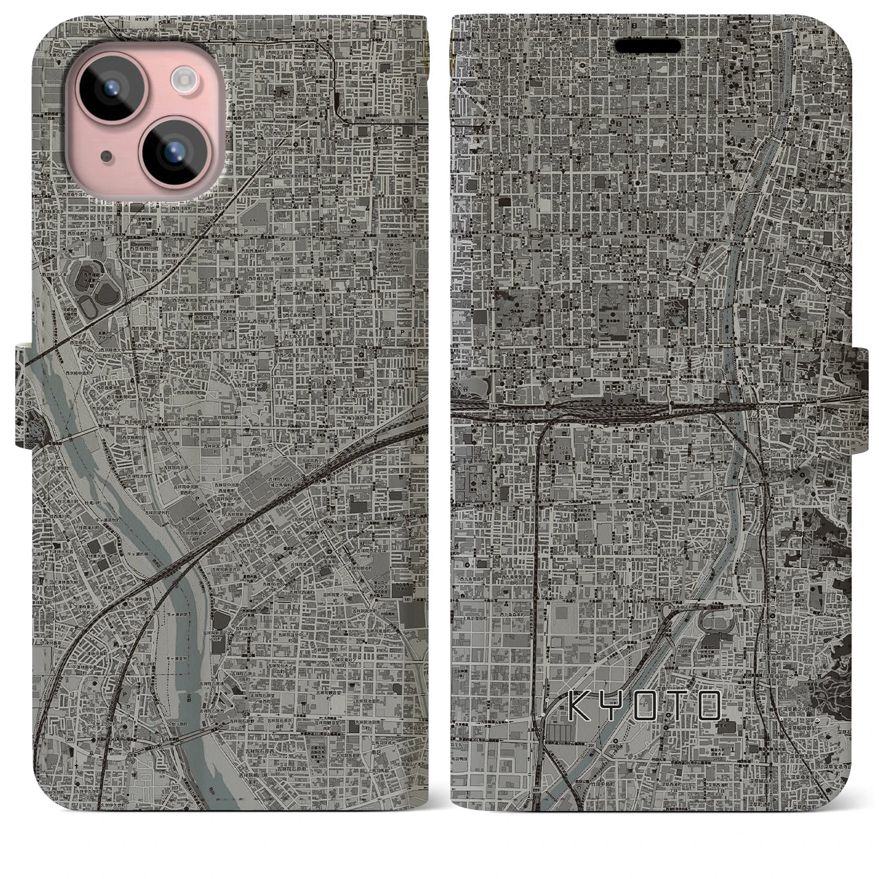 【京都2(京都府)】地図柄iPhoneケース(手帳タイプ)モノトーン・iPhone 15 Plus 用