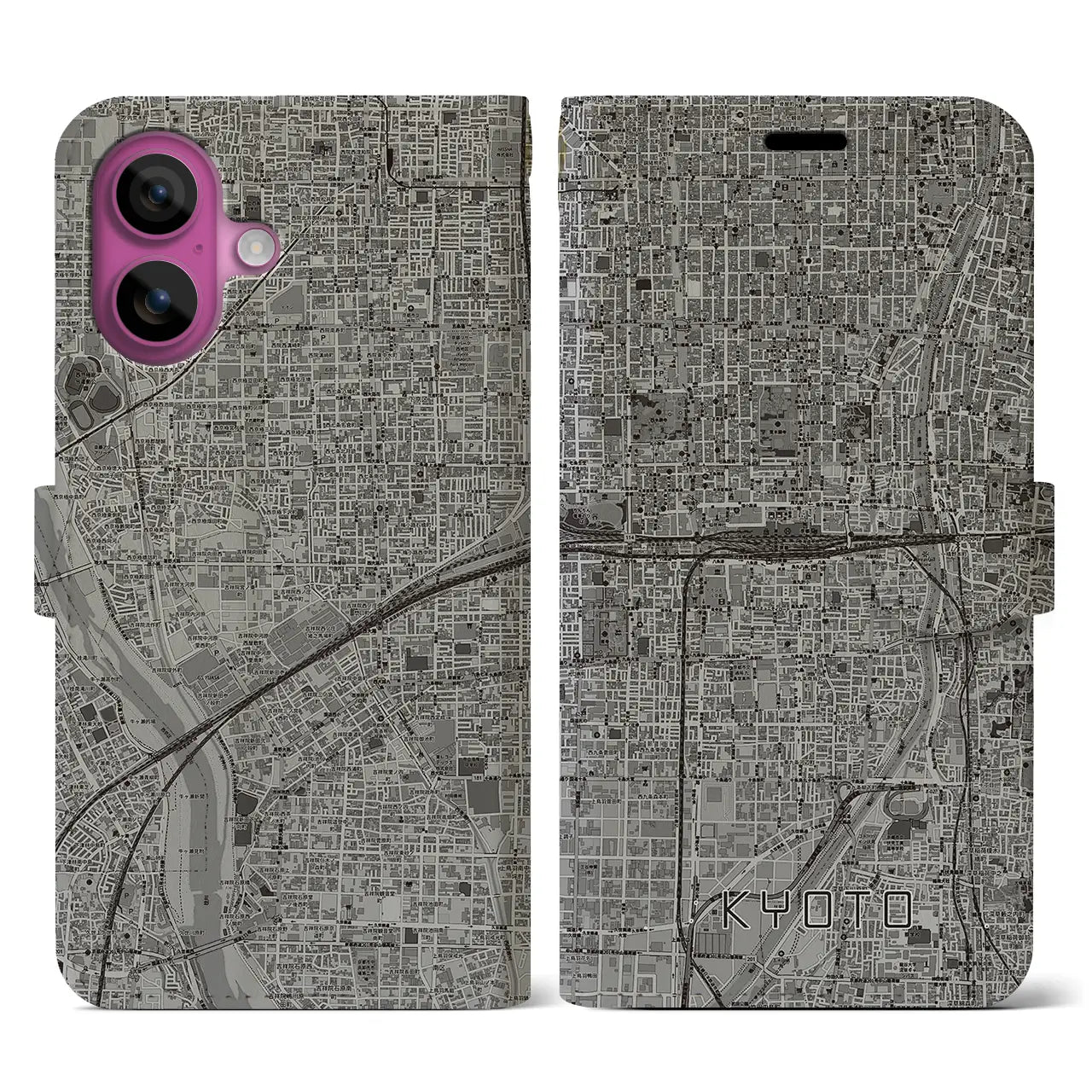 【京都2(京都府)】地図柄iPhoneケース(手帳タイプ)モノトーン・iPhone 16 Pro 用