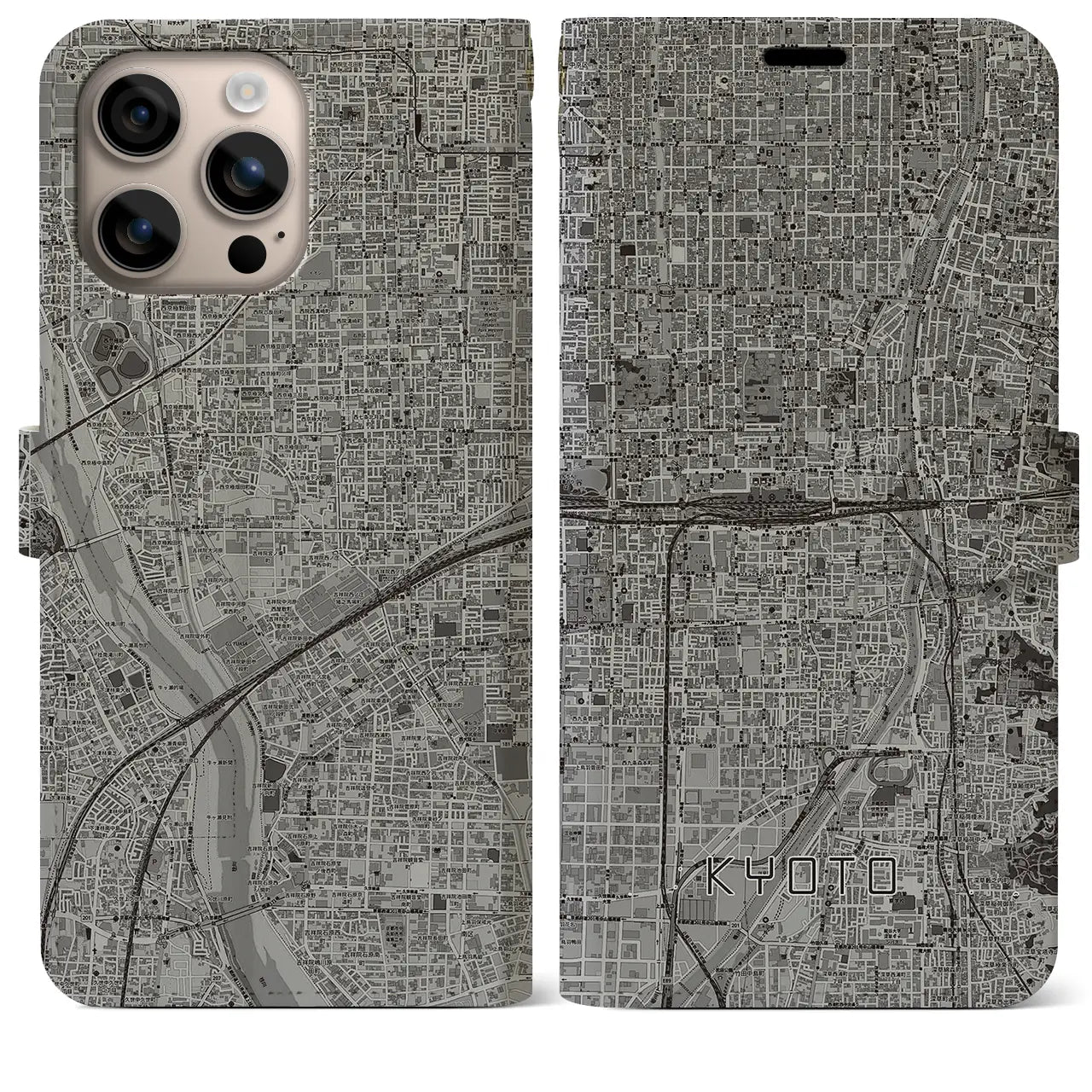 【京都2(京都府)】地図柄iPhoneケース(手帳タイプ)モノトーン・iPhone 16 Plus 用