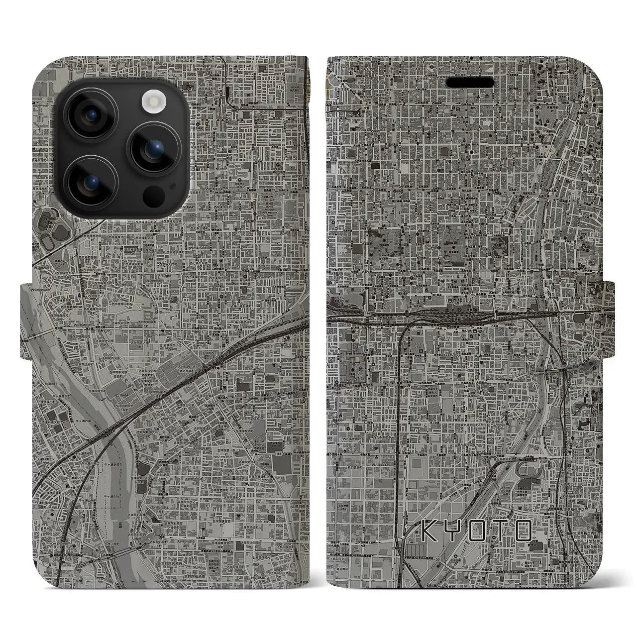 【京都2(京都府)】地図柄iPhoneケース(手帳タイプ)モノトーン・iPhone 16 用