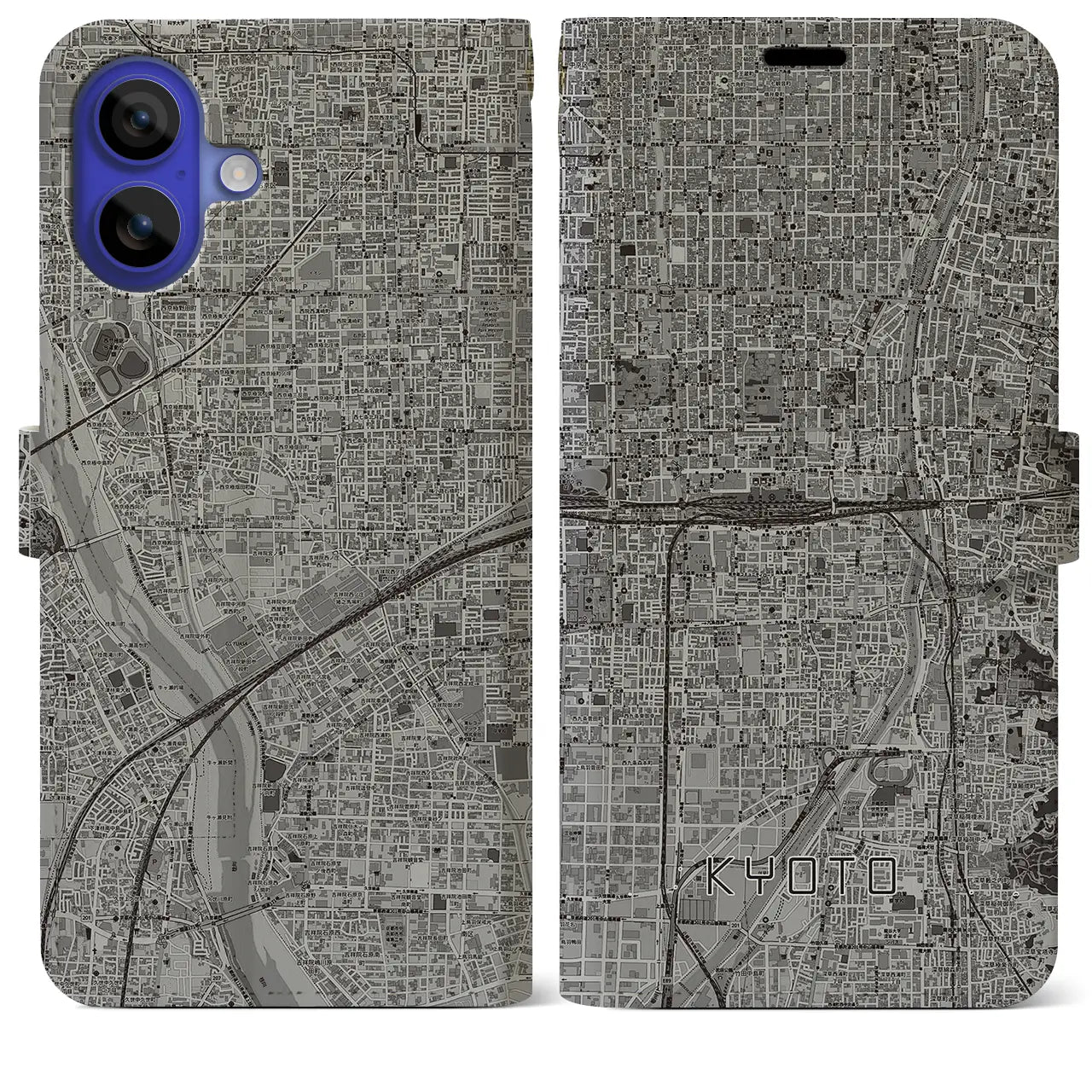 【京都2(京都府)】地図柄iPhoneケース(手帳タイプ)モノトーン・iPhone 16 Pro Max 用