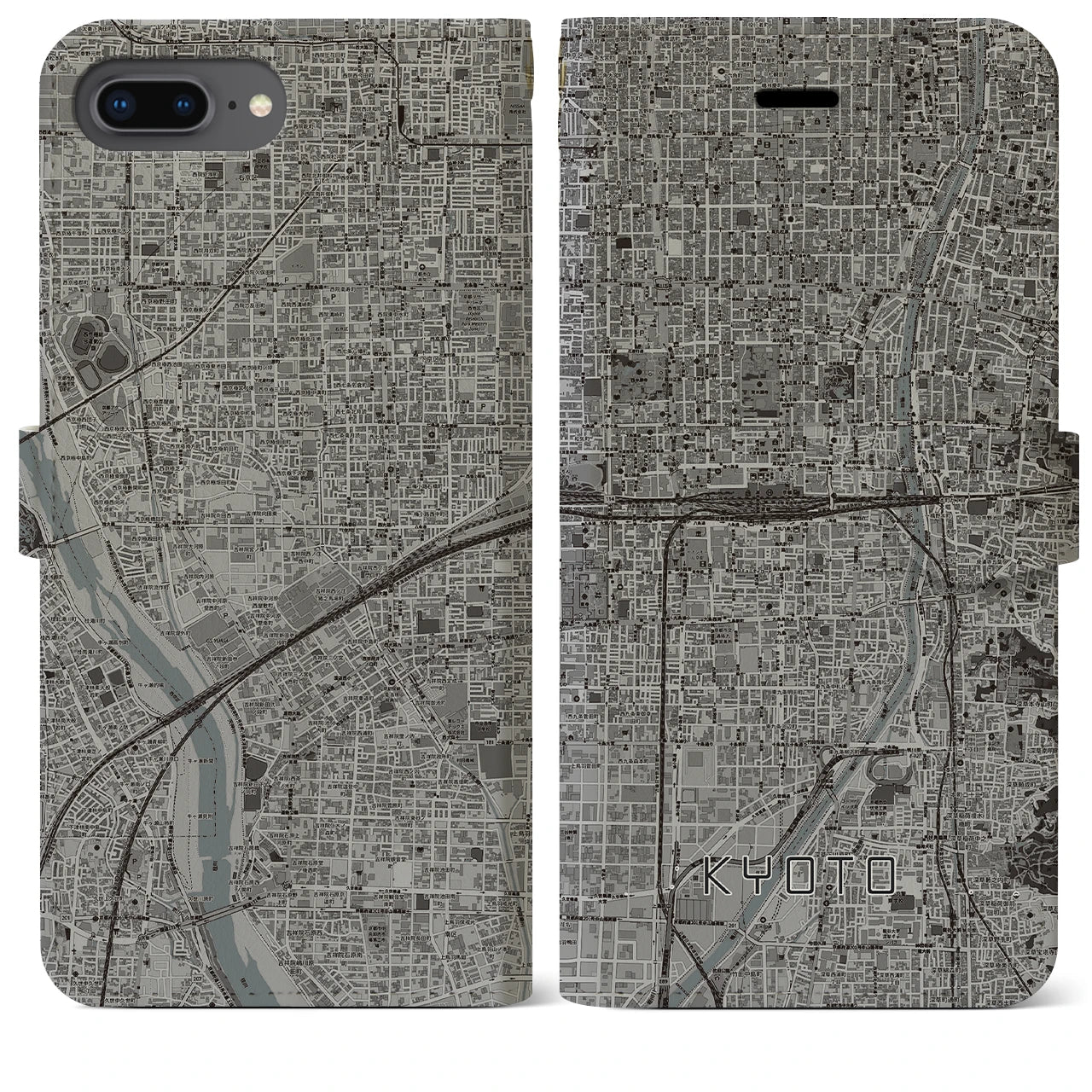 【京都2(京都府)】地図柄iPhoneケース(手帳タイプ)モノトーン・iPhone 8Plus /7Plus / 6sPlus / 6Plus 用