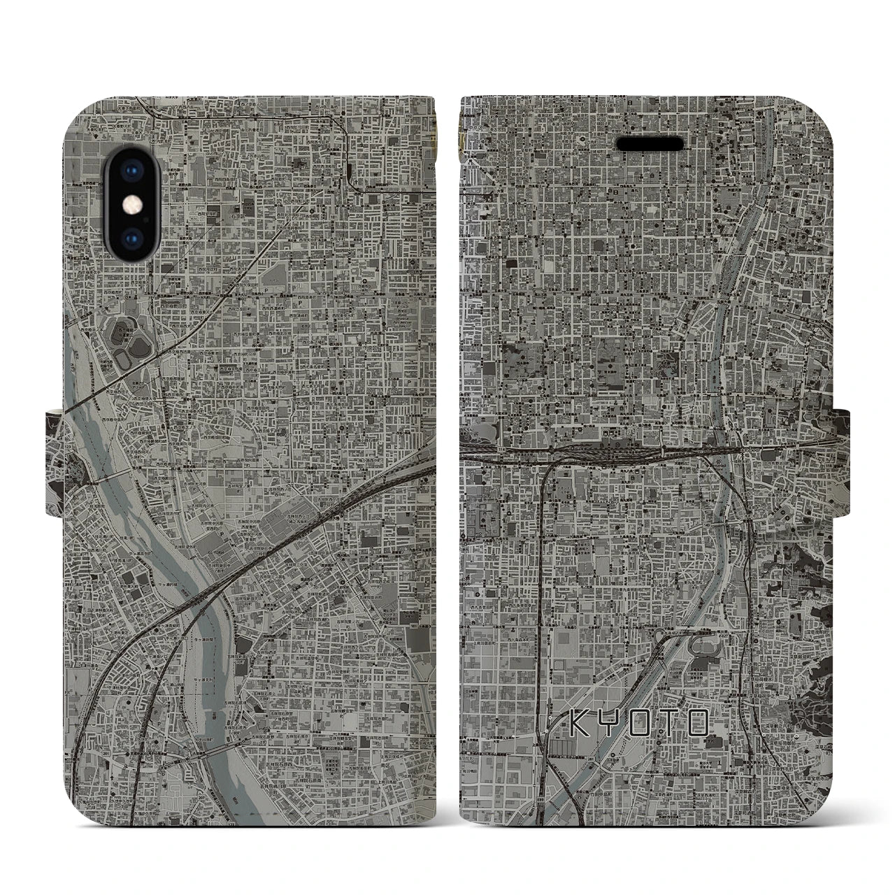 【京都2(京都府)】地図柄iPhoneケース(手帳タイプ)モノトーン・iPhone XS / X 用