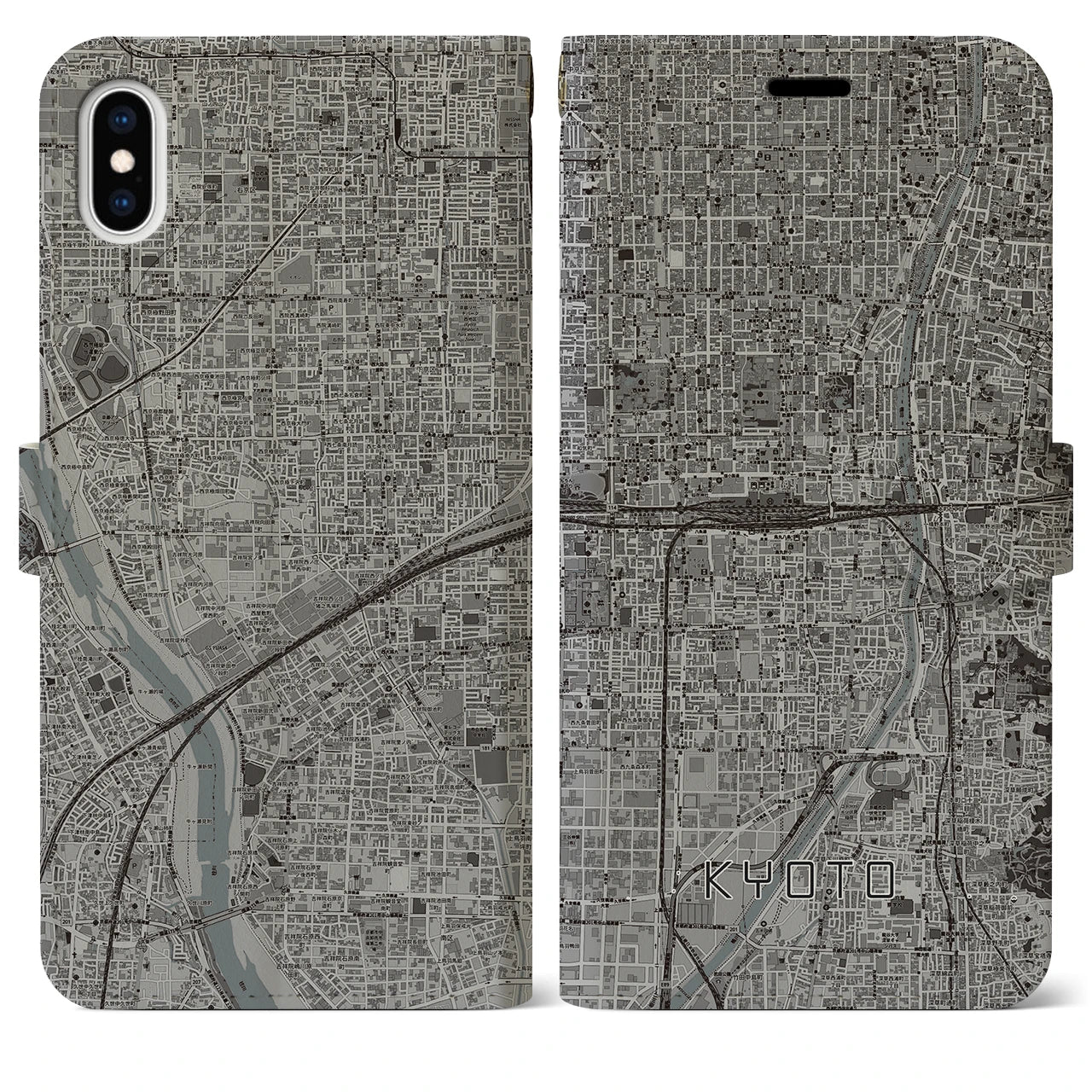 【京都2(京都府)】地図柄iPhoneケース(手帳タイプ)モノトーン・iPhone XS Max 用