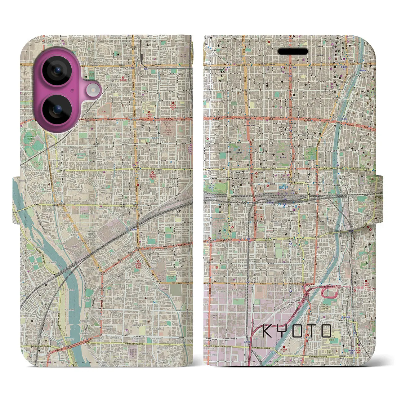 【京都2(京都府)】地図柄iPhoneケース(手帳タイプ)ナチュラル・iPhone 16 Pro 用