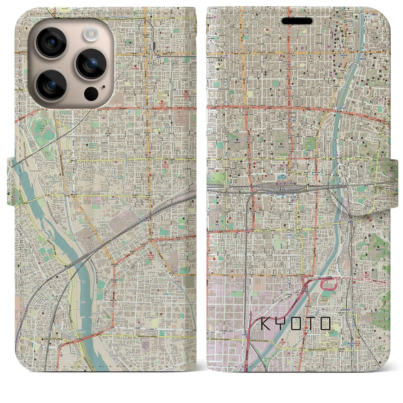 【京都2(京都府)】地図柄iPhoneケース(手帳タイプ)ナチュラル・iPhone 16 Plus 用