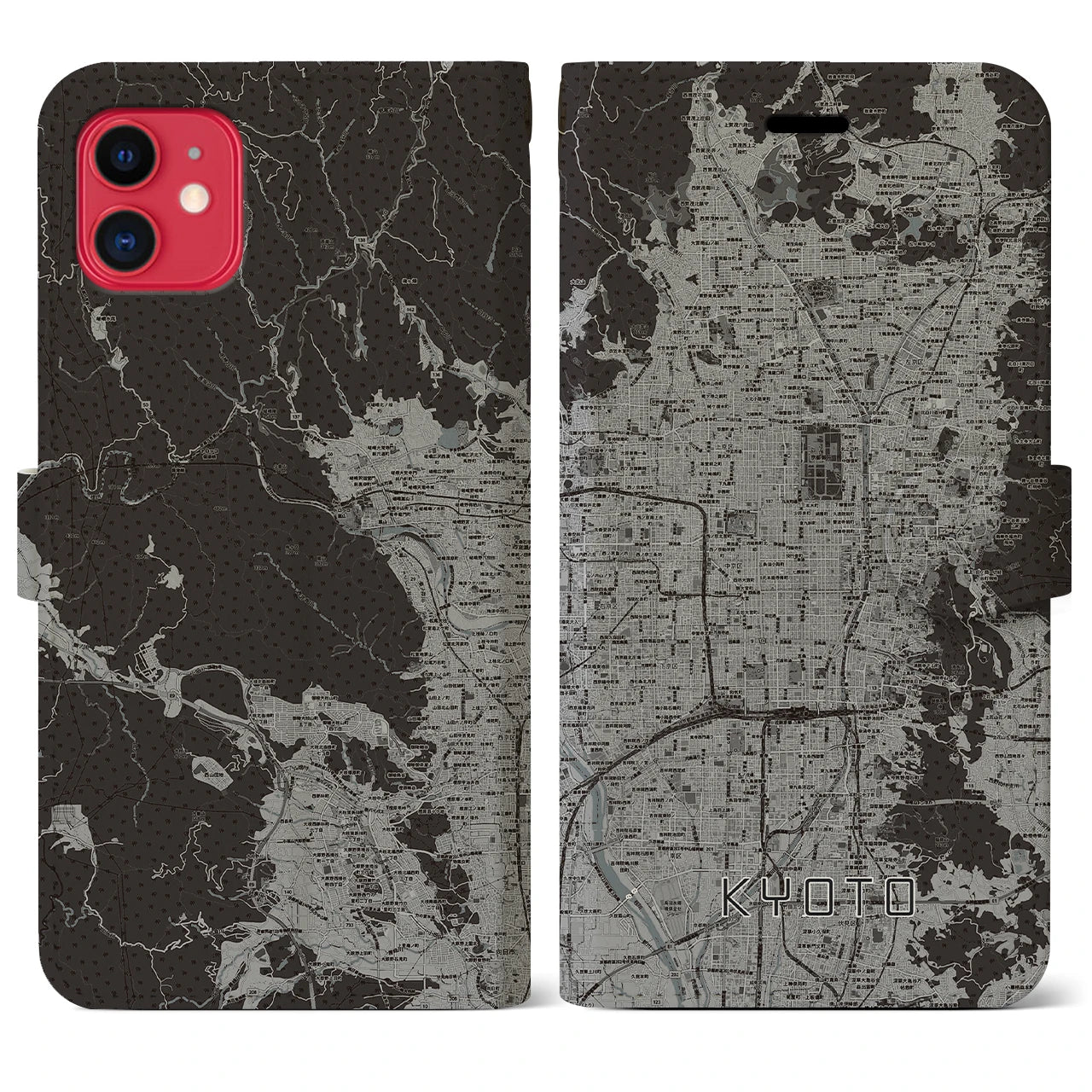 【京都(京都府)】地図柄iPhoneケース(手帳タイプ)モノトーン・iPhone 11 用