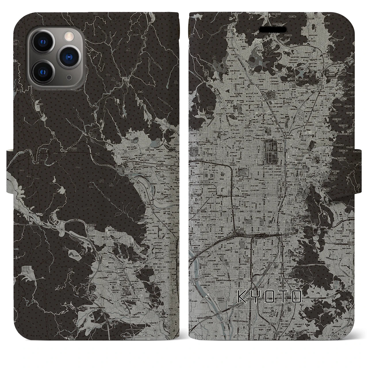 【京都(京都府)】地図柄iPhoneケース(手帳タイプ)モノトーン・iPhone 11 Pro Max 用