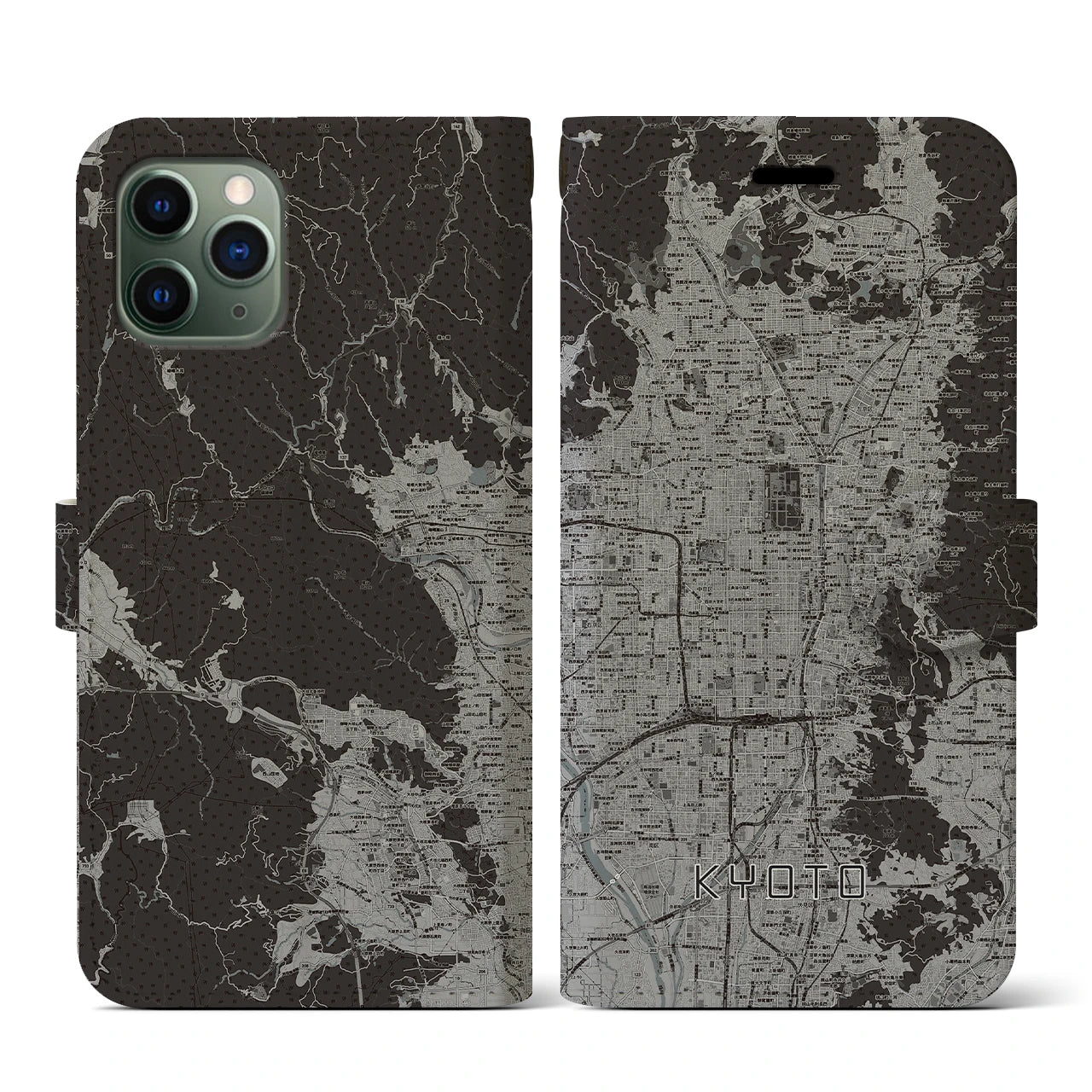 【京都(京都府)】地図柄iPhoneケース(手帳タイプ)モノトーン・iPhone 11 Pro 用