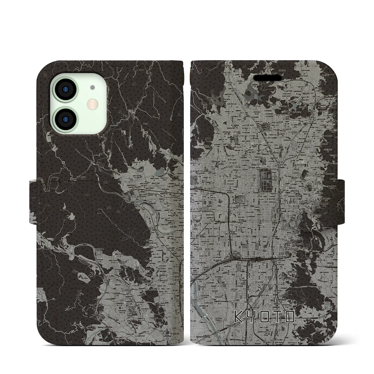 【京都(京都府)】地図柄iPhoneケース(手帳タイプ)モノトーン・iPhone 12 mini 用