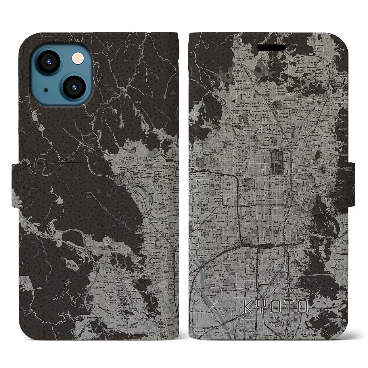 【京都(京都府)】地図柄iPhoneケース(手帳タイプ)モノトーン・iPhone 13 用