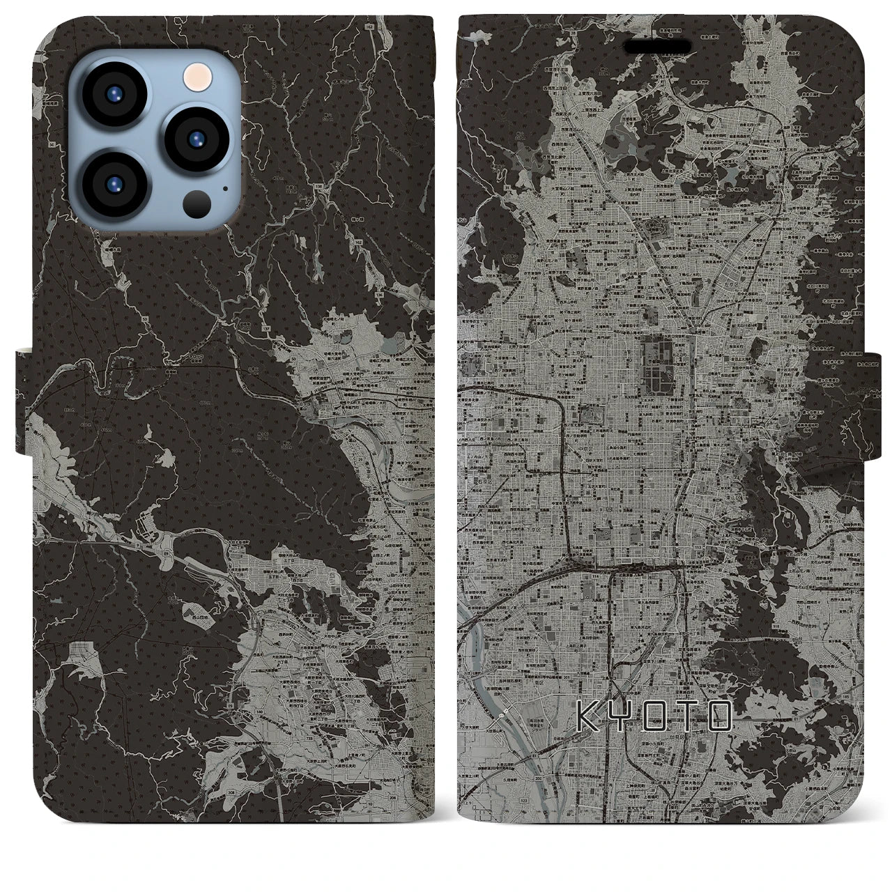 【京都(京都府)】地図柄iPhoneケース(手帳タイプ)モノトーン・iPhone 13 Pro Max 用