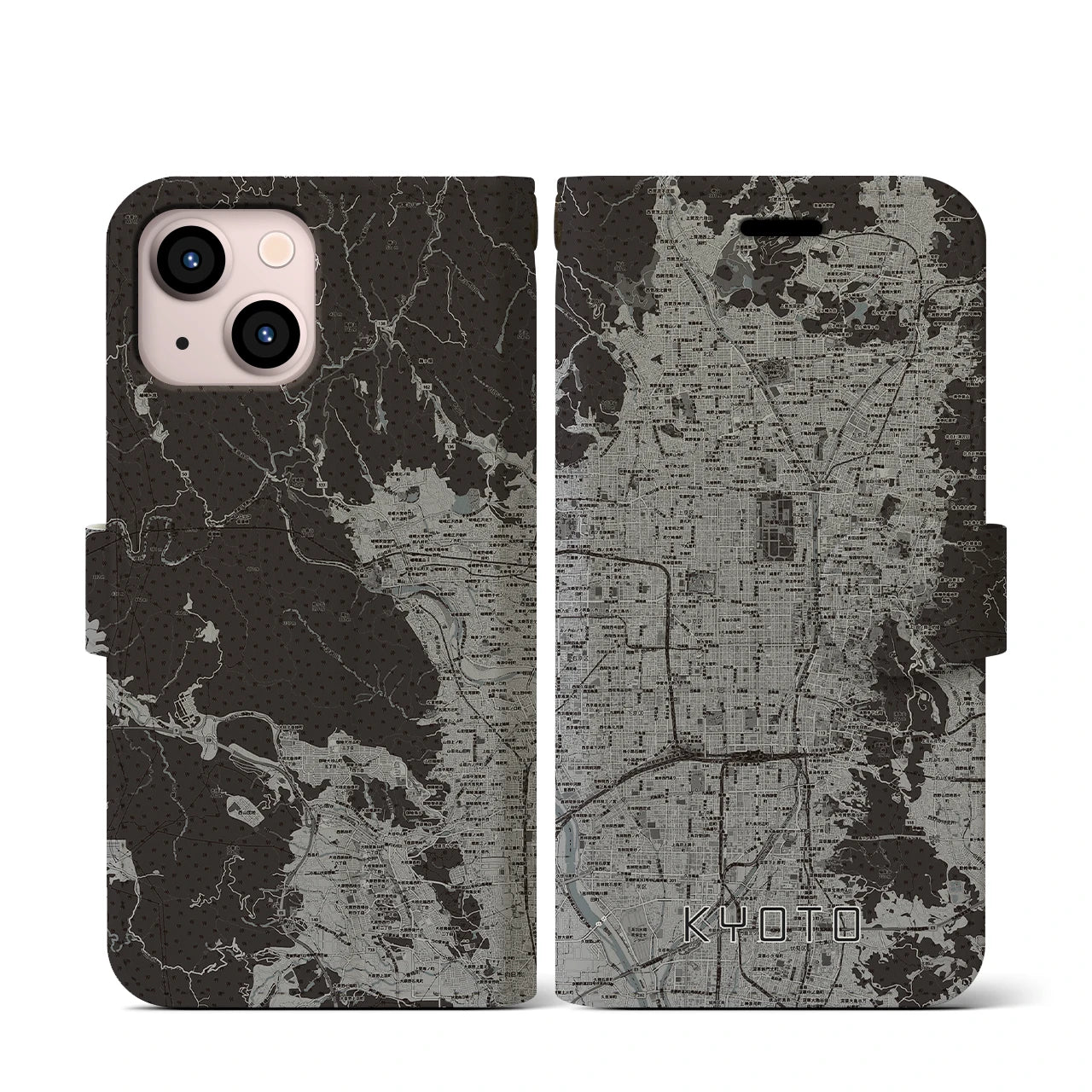 【京都(京都府)】地図柄iPhoneケース(手帳タイプ)モノトーン・iPhone 13 mini 用
