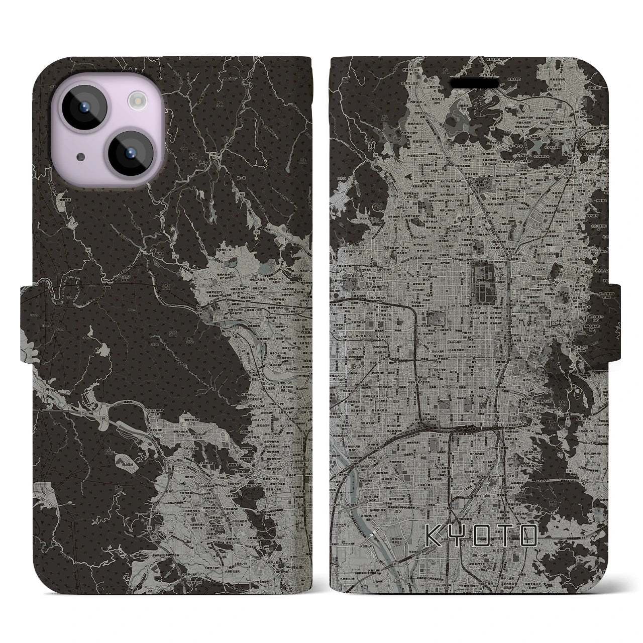 【京都(京都府)】地図柄iPhoneケース(手帳タイプ)モノトーン・iPhone 14 用