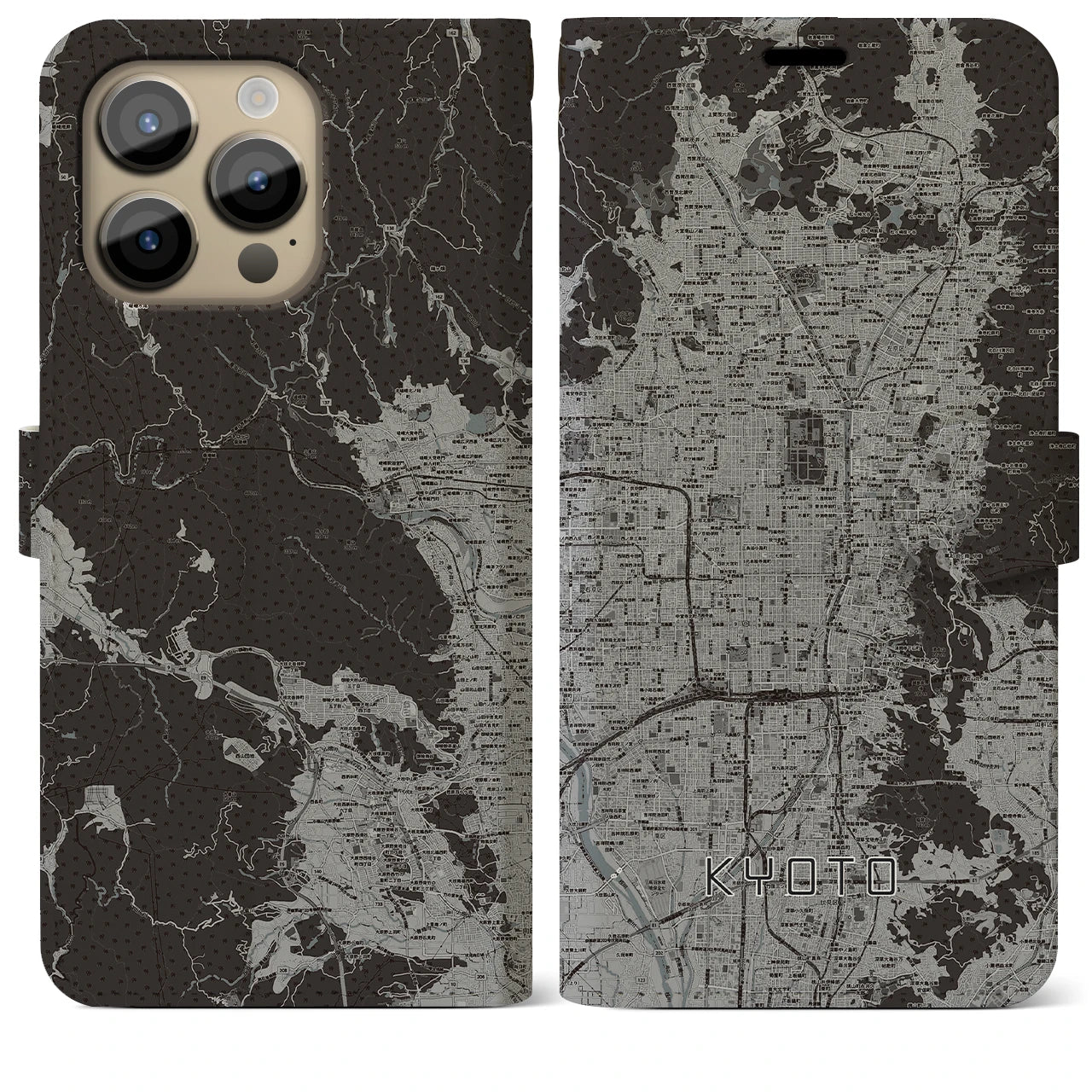 【京都(京都府)】地図柄iPhoneケース(手帳タイプ)モノトーン・iPhone 14 Pro Max 用