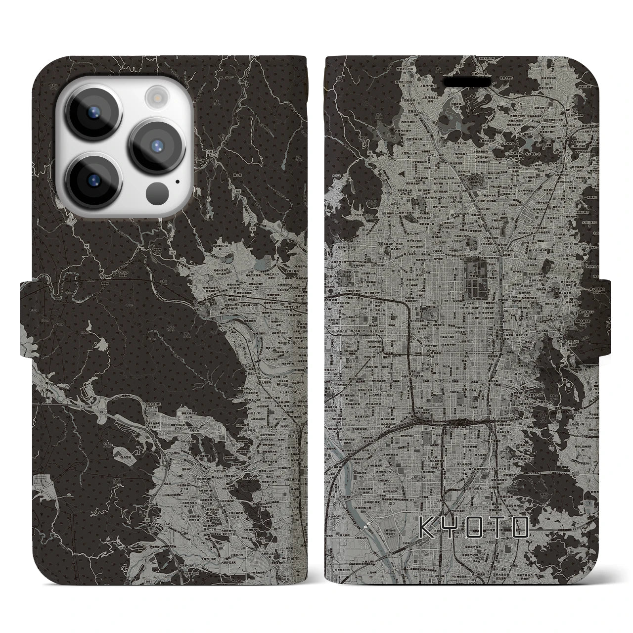 【京都(京都府)】地図柄iPhoneケース(手帳タイプ)モノトーン・iPhone 14 Pro 用