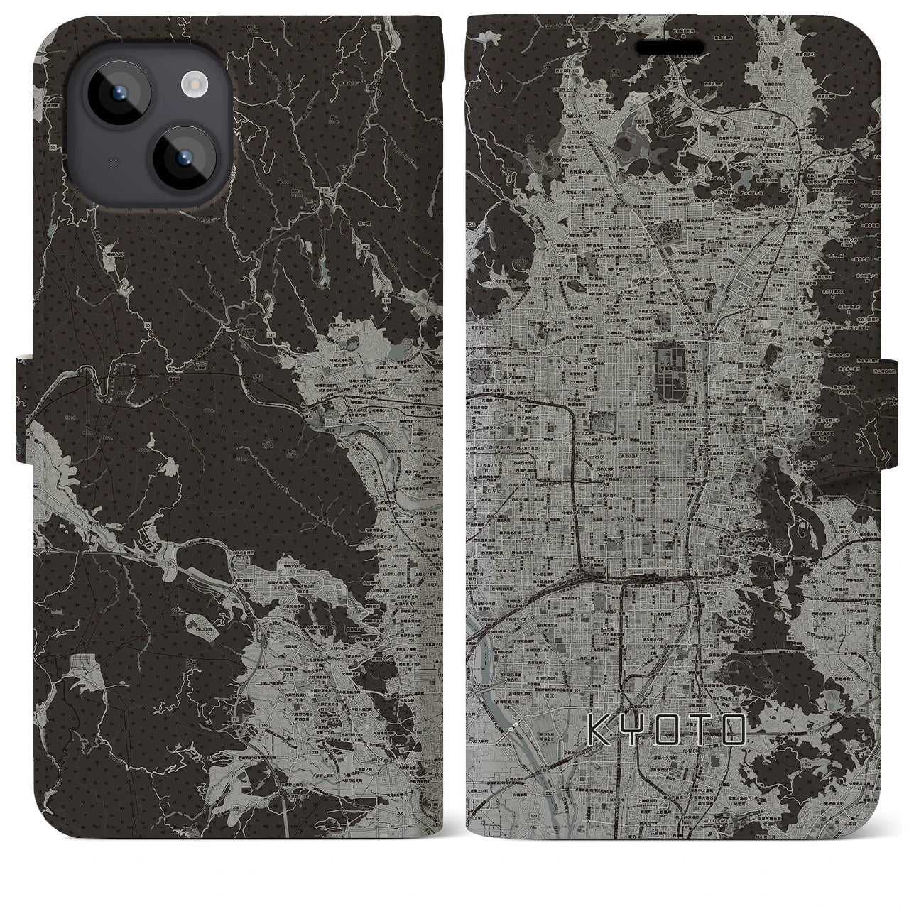 【京都(京都府)】地図柄iPhoneケース(手帳タイプ)モノトーン・iPhone 14 Plus 用