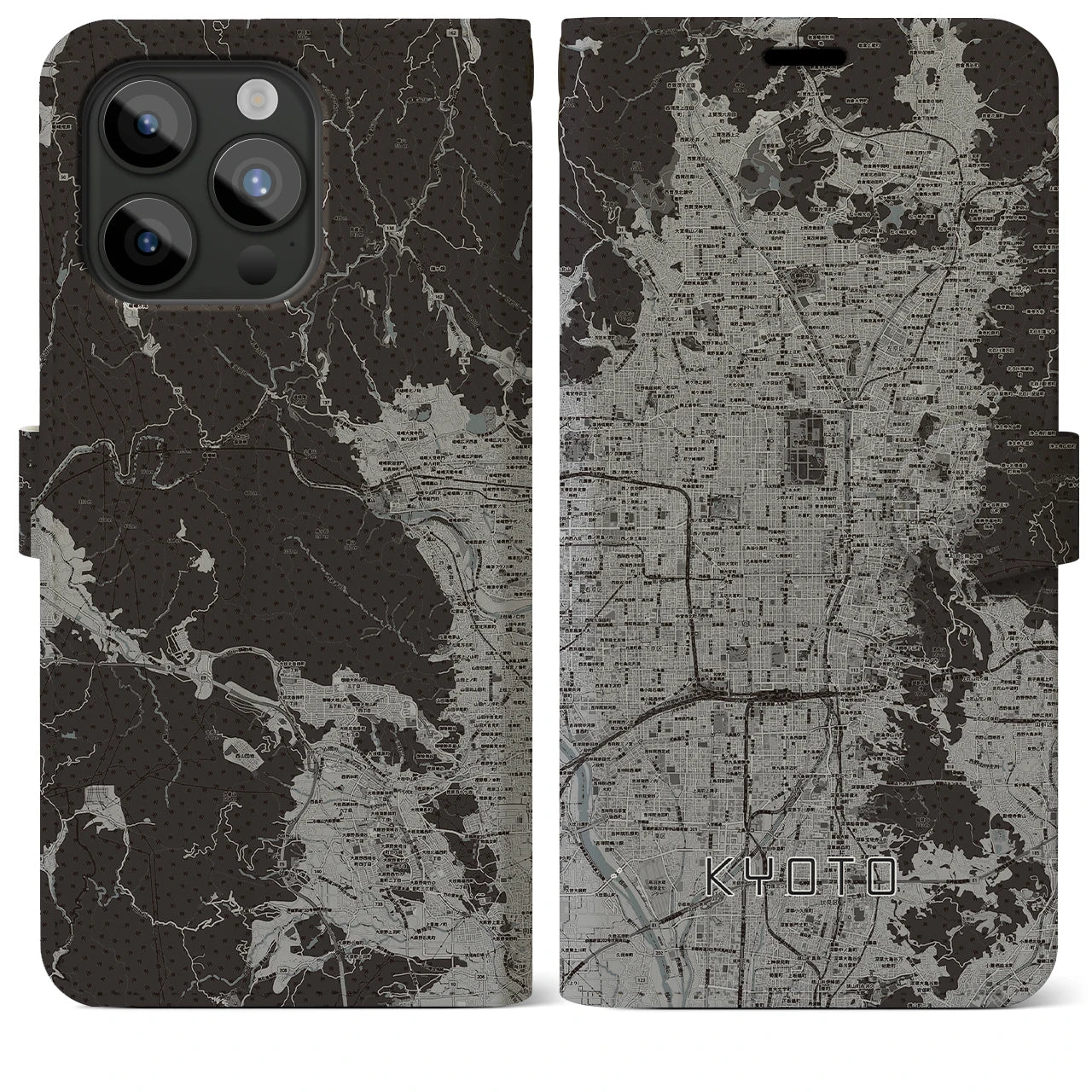 【京都(京都府)】地図柄iPhoneケース(手帳タイプ)モノトーン・iPhone 15 Pro Max 用